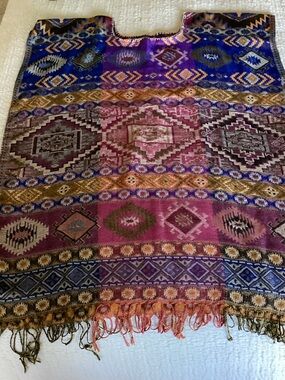 Colorful Boho Jacquard Poncho with Fringe from Mexico